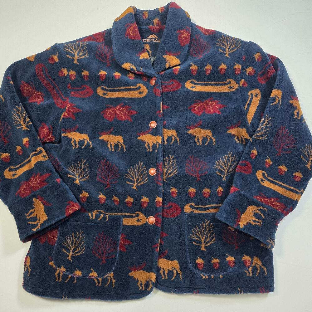 Vintage Denali Fleece Jacket Womens XL Western Moose Trees Leather Buttons